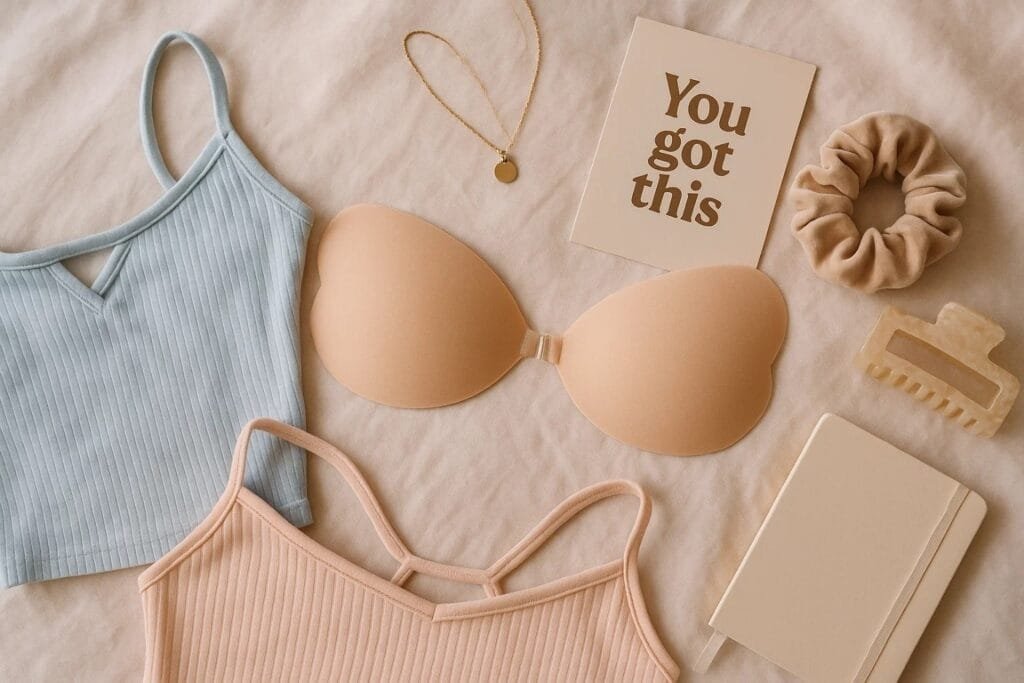 A sticky bra, and regular bra, a notebook, and a pair of panties arranged together, illustrating a comparison of bra types.
