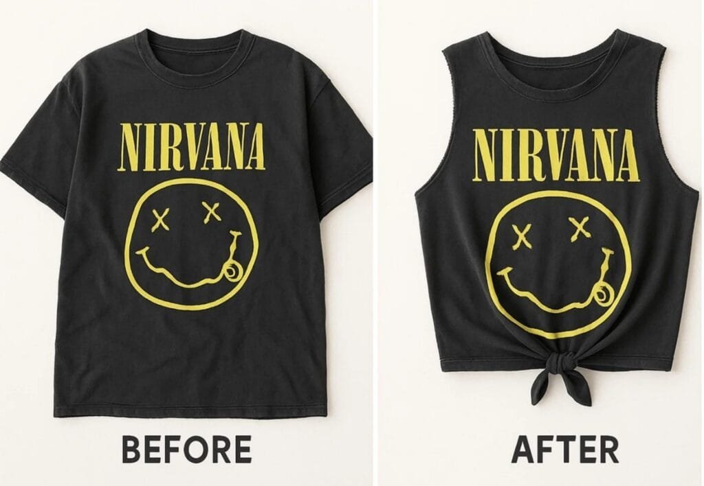 A tank top featuring the word "Nirvana" with a before-and-after thrift flip design.