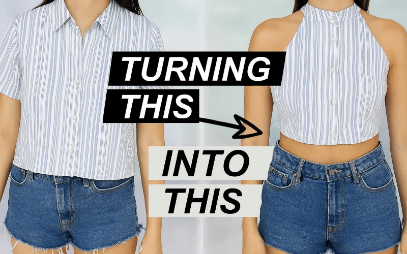 Step-by-step illustration of how to modify a Tank Top Thrift Flip into a crop top, part of trendy thrift flip ideas for stylish outfits.