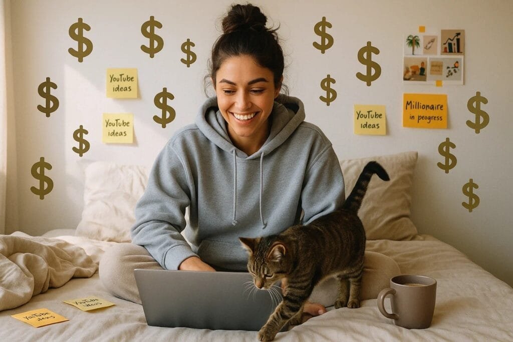 A woman sits on a bed with a cat beside her, working on a laptop, focused on her task and thinking about money.