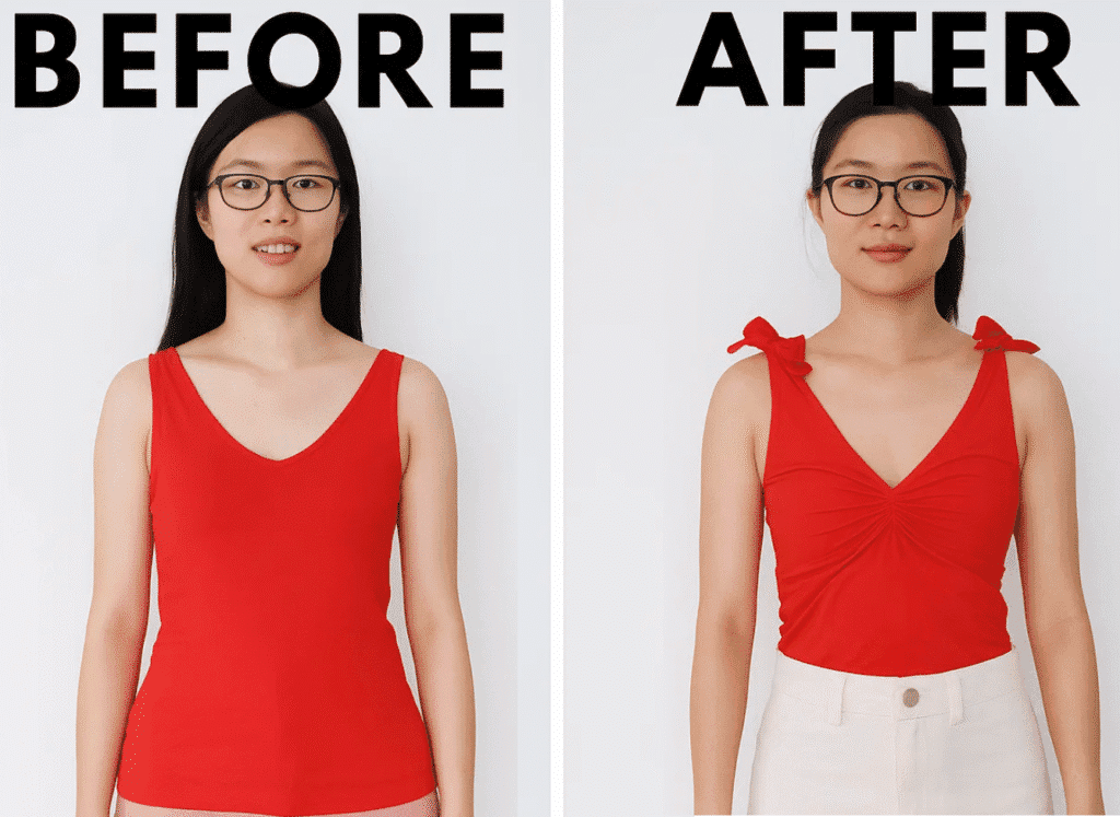 A woman in a white t-shirt, showcasing a star design added in a before-and-after transformation for a thrift flip project.
