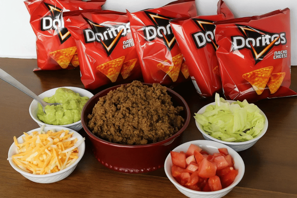 A bowl of tortilla chips, a bowl of salsa, and a bowl of Walking Tacos ingredients arranged on a table.