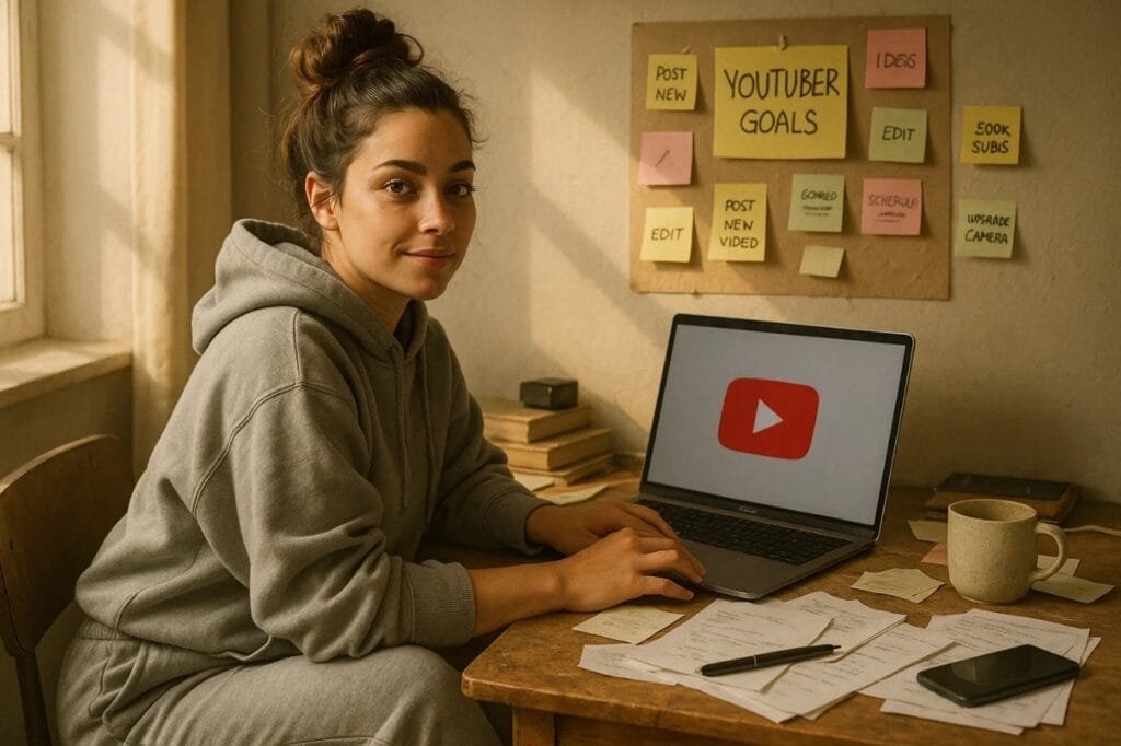 A woman seated at a desk, focused on a laptop displaying the YouTube video "Who is Really Making Money on YouTube."