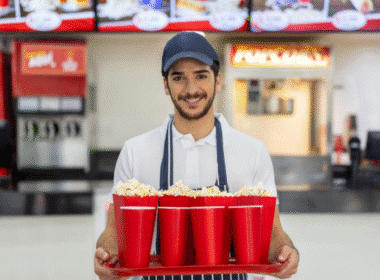 A man carrying a tray filled with popcorn and drinks, representing weekend jobs in the entertainment industry.