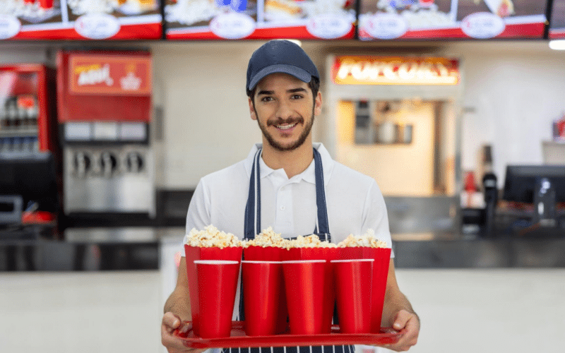 A man carrying a tray filled with popcorn and drinks, representing weekend jobs in the entertainment industry.