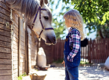 A little girl poses next to a horse, representing the enriching experiences of working with animals in various jobs.
