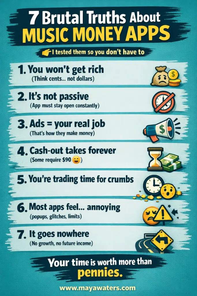 Infographic listing 7 brutal truths about music money apps including low earnings, ads, and slow payouts