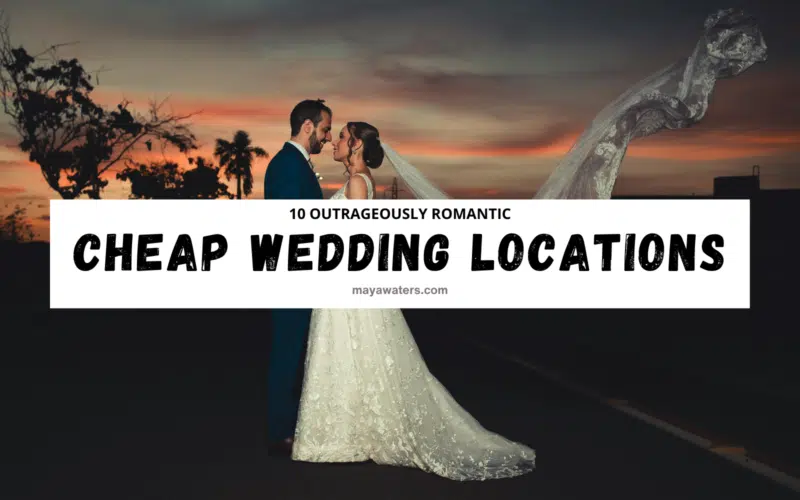 Couple at sunset: 10 Outrageously Romantic Cheap Destination Wedding Locations, bride & groom portrait, mayawaters.com