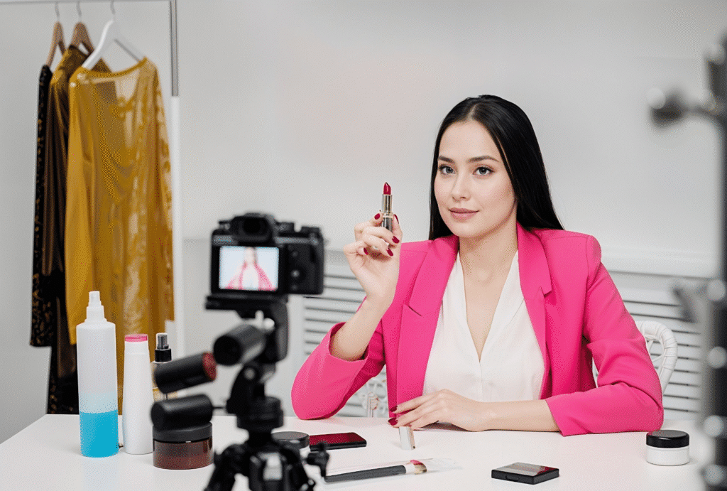 A woman in a pink jacket holds a camera, ready to capture moments for her beauty blog.