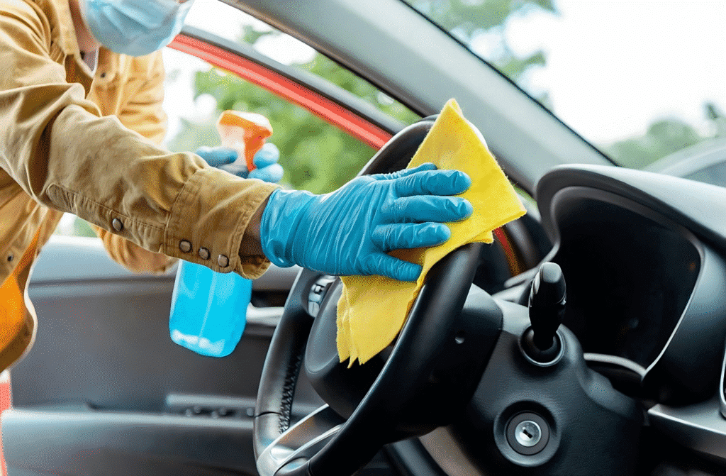 A person wearing a yellow glove cleans a car's steering wheel, emphasizing the importance of decluttering.