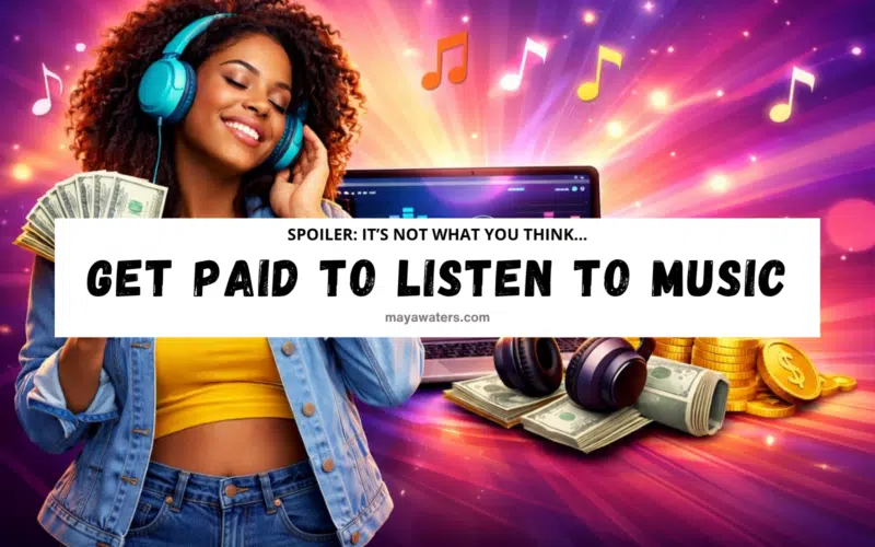 Woman with headphones smiling while listening to music with cash and laptop, promoting get paid to listen to music