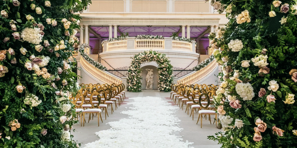Elegant wedding setup in a large room, featuring floral decorations, designed for guest accommodations in Las Vegas.