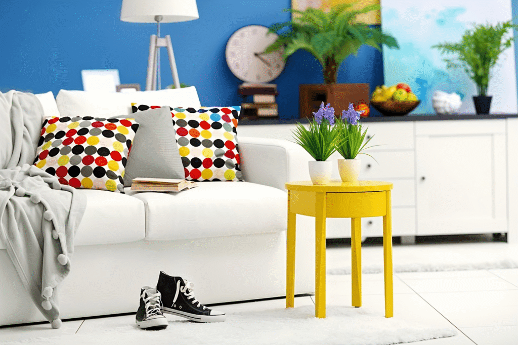 A white couch paired with a yellow table and a potted plant, showcasing a stylish home decor arrangement.
