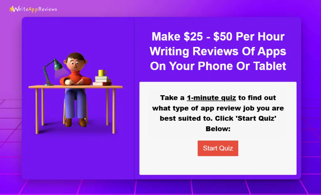 Person writing app reviews on a phone or tablet with headline offering $25–$50 per hour and a start quiz button on a purple landing page