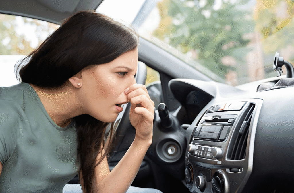 A woman sitting in a car blows her nose, highlighting the theme of cars as unclean environments.