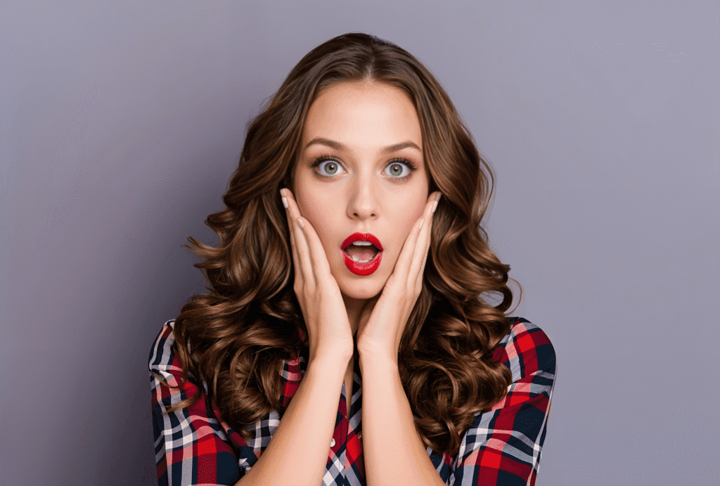 A woman with a shocked expression, hands on her face, conveying surprise about skincare advice: "Moisturize...But Not Too Much."