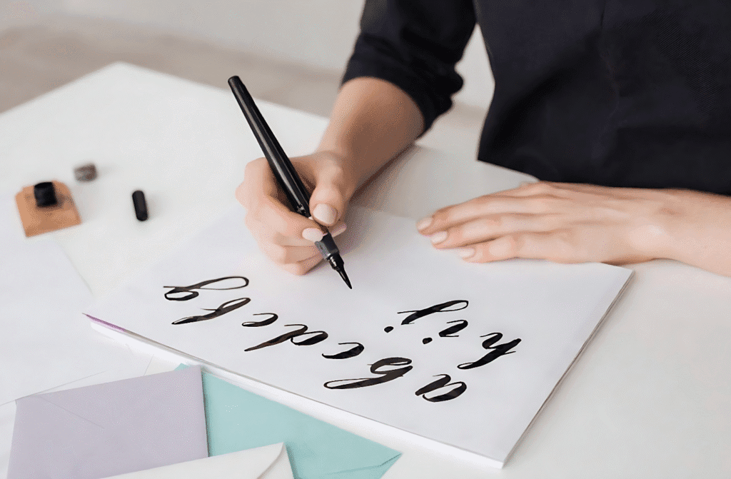 A woman skillfully writes calligraphy on paper, promoting her calligraphy services.