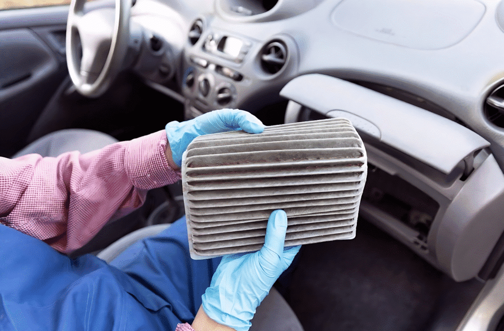 A person wearing blue gloves holds a car air filter, emphasizing the importance of replacing your cabin air filter.
