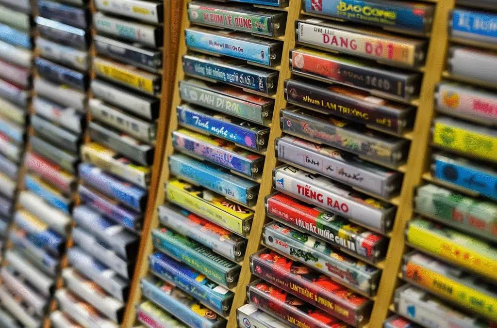 A row of assorted books displayed on shelves at a resell thrift store, showcasing various genres and styles.