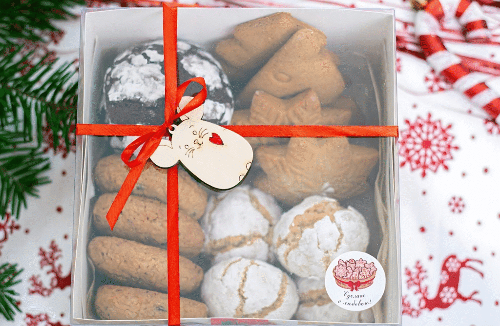 A festive box of cookies tied with a red ribbon, placed beside a decorated Christmas tree, perfect for custom treat boxes.