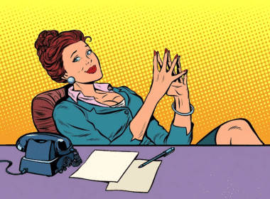 Pop art illustration of a woman in a business suit at a desk with a phone and papers, representing small business ideas for women.