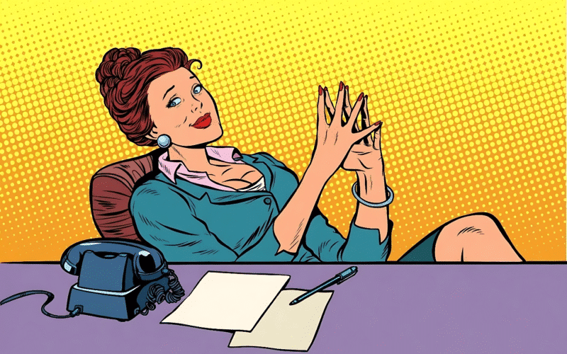 Pop art illustration of a woman in a business suit at a desk with a phone and papers, representing small business ideas for women.