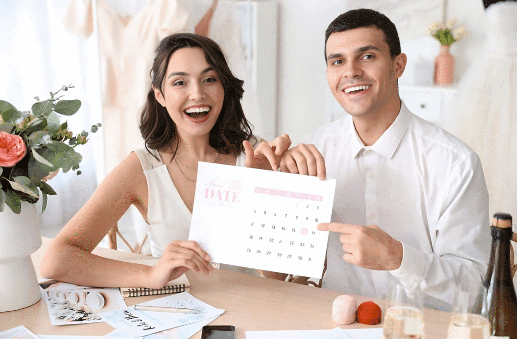 A man and woman sit at a table with a calendar, discussing plans for a wedding, with a wedding planner book nearby.