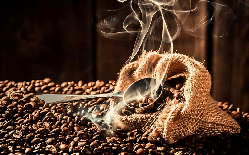 A close-up of coffee beans scattered next to a silver spoon, suggesting a natural car freshener idea.