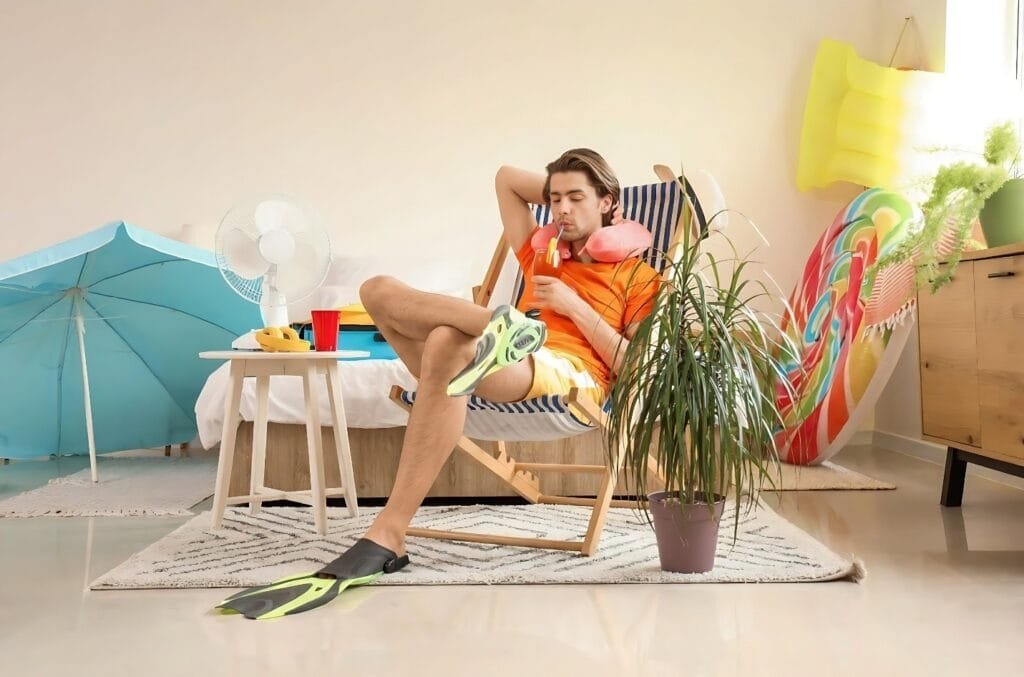 A man relaxes in a chair with an umbrella, embodying the spirit of exploring local attractions.