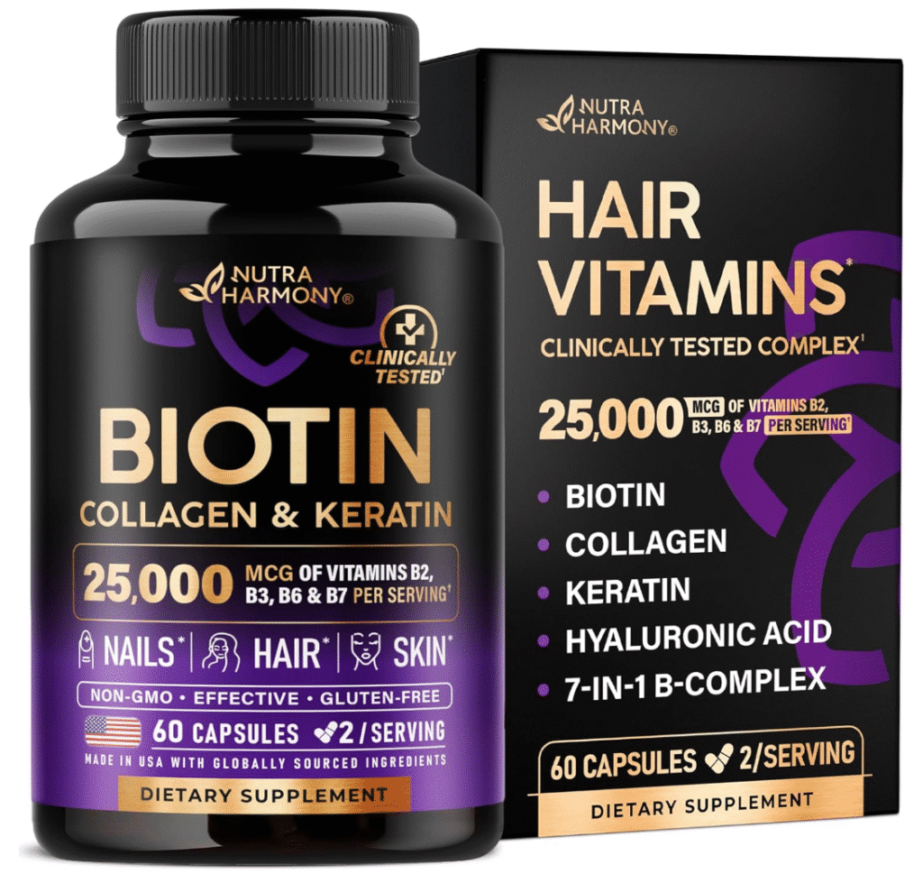 Collagen and keratin hair vitamins, highlighting the preference for supplements instead of whole food nutrients.