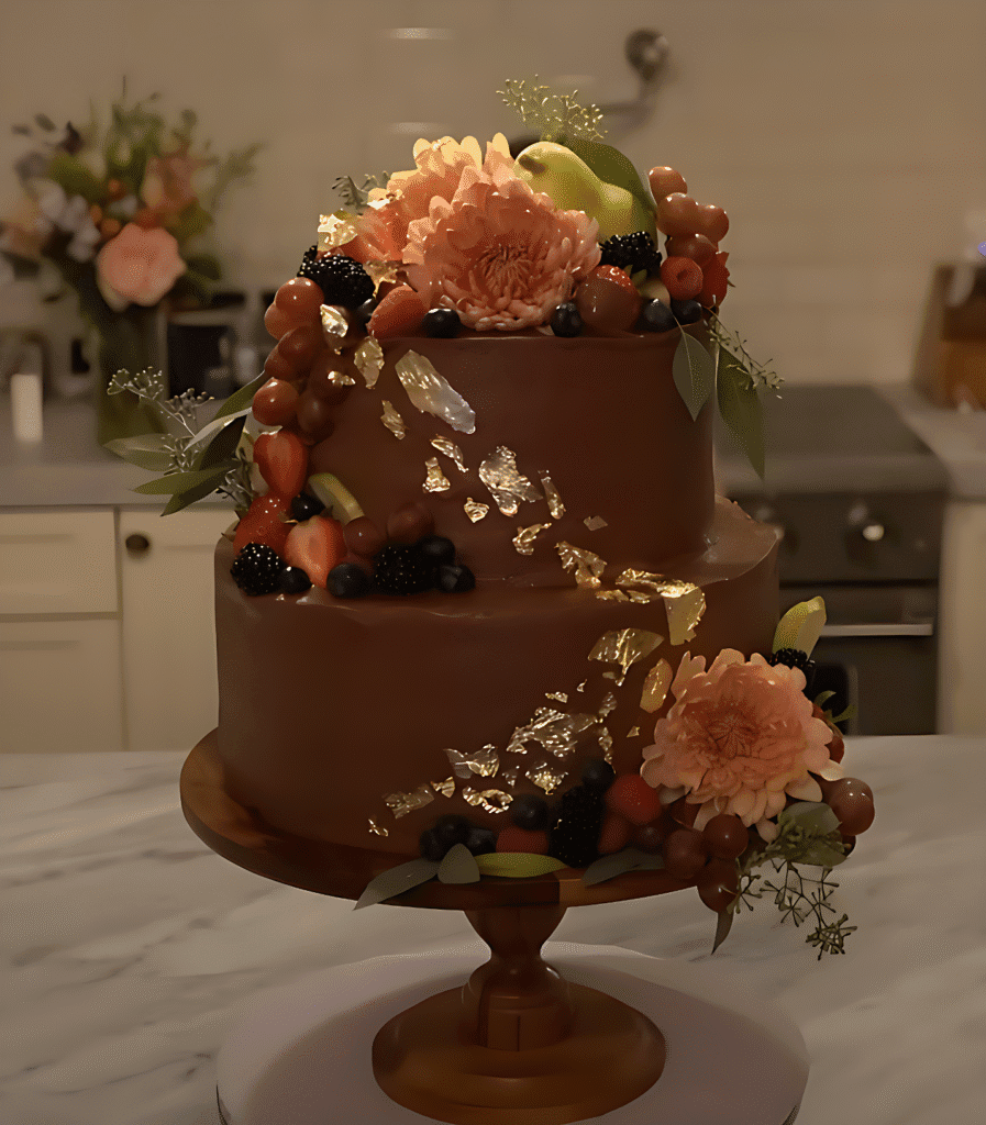 A chocolate cake topped with fresh fruit and delicate flowers, showcasing a fresh and fancy wedding cake decoration style.