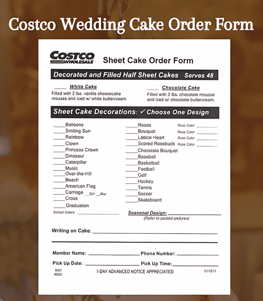 Costco wedding cake order form featuring sections for cake size, flavor, and customization options.