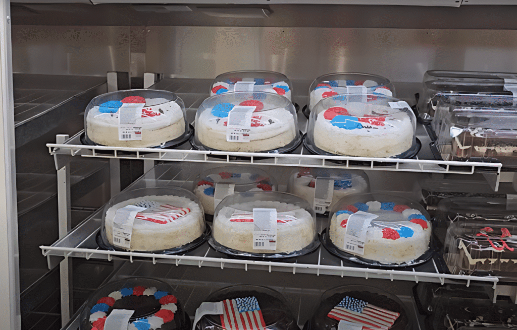 A display rack filled with various cakes, promoting the message "Grab Your Cakes from Costco."