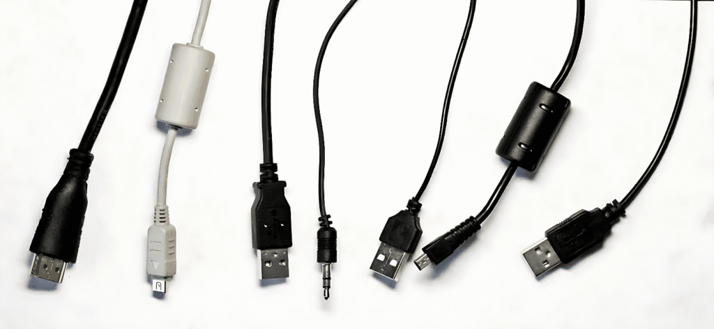 A collection of various old phone chargers and cables, showcasing different types and styles of connectors.