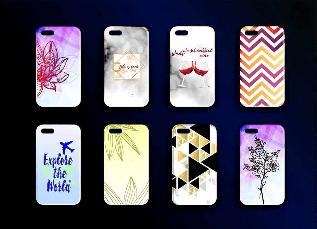 Six unique phone case designs displayed, showcasing various styles and colors for phone accessories.