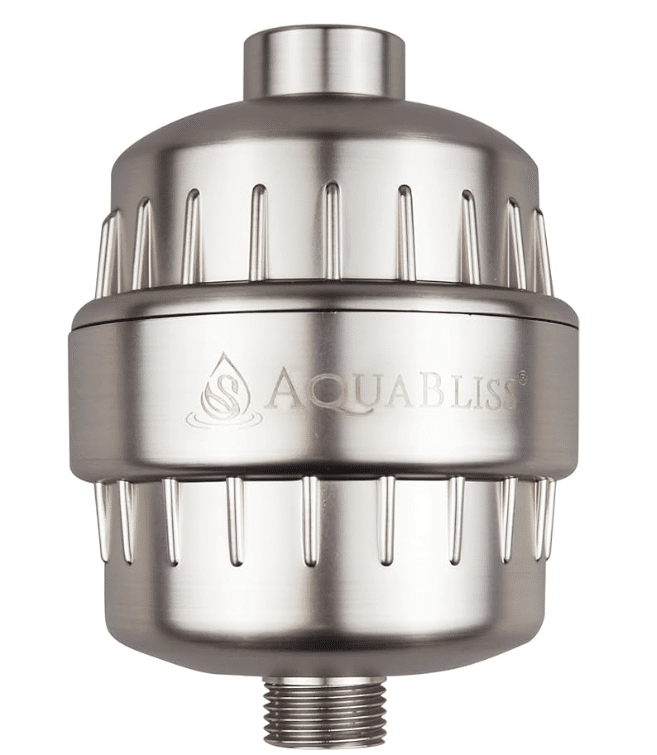 Stainless steel Aquabless shower filter, enhancing water quality by removing impurities for a better shower experience.