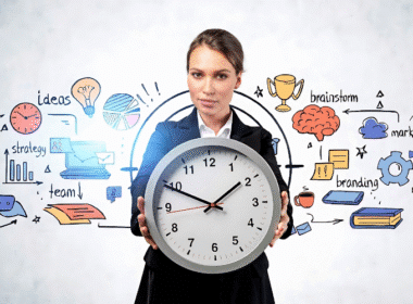 A businesswoman in a suit holds a clock surrounded by icons, emphasizing the message "Stop Wasting Your Time.