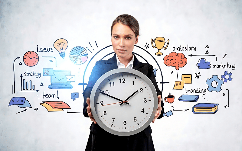 A businesswoman in a suit holds a clock surrounded by icons, emphasizing the message "Stop Wasting Your Time.