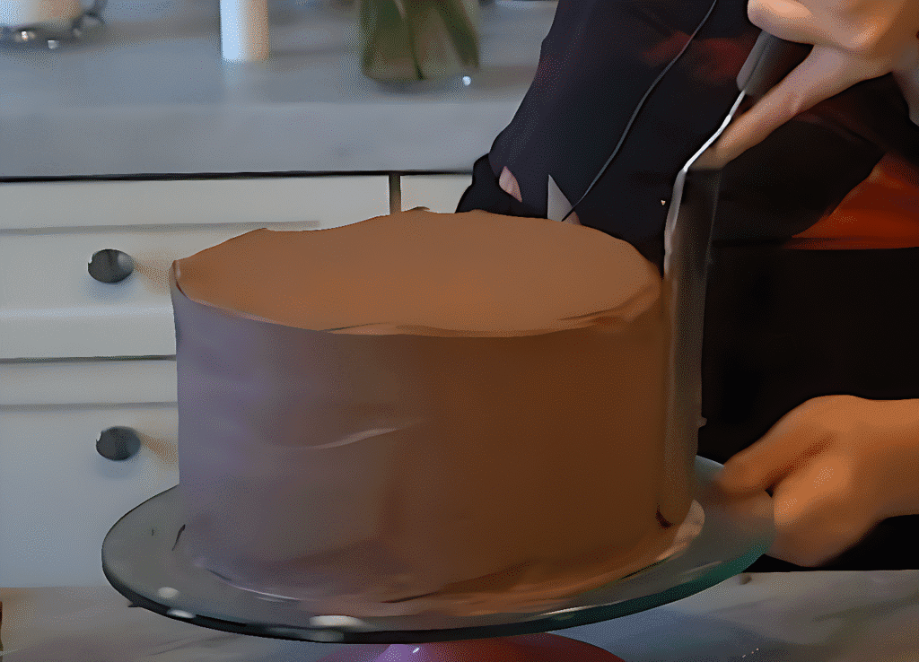 A person skillfully cutting a chocolate cake, demonstrating the Costco Wedding Cake Hack for stacking layers effectively.