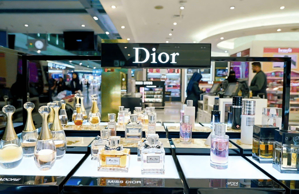Display of unused Dior beauty products, including perfumes, showcased in a mall setting.