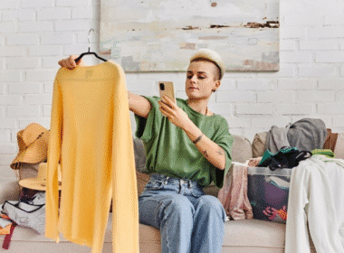 A woman sitting on a couch surrounded by clothes, holding a phone, contemplating how to sell her clothing items.