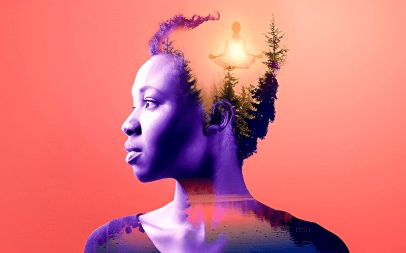 A woman gazes upward with a tree behind her, symbolizing connection to nature in a tarot reading context.