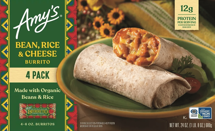A burrito on a plate with packaging featuring text that reads: "12g Amy's. PROTEIN PER SERVING BEAN, RICE & CHEESE BURRITO 4 PACK Made with Organic Beans & Rice BURRITO NON K TGMO 4-6 OZ. BURRITOS NET WT. 24 OZ. (1 LB. B OZ.) 680g." The scene includes tags related to food and cuisine, suggesting it is an indoor setting.