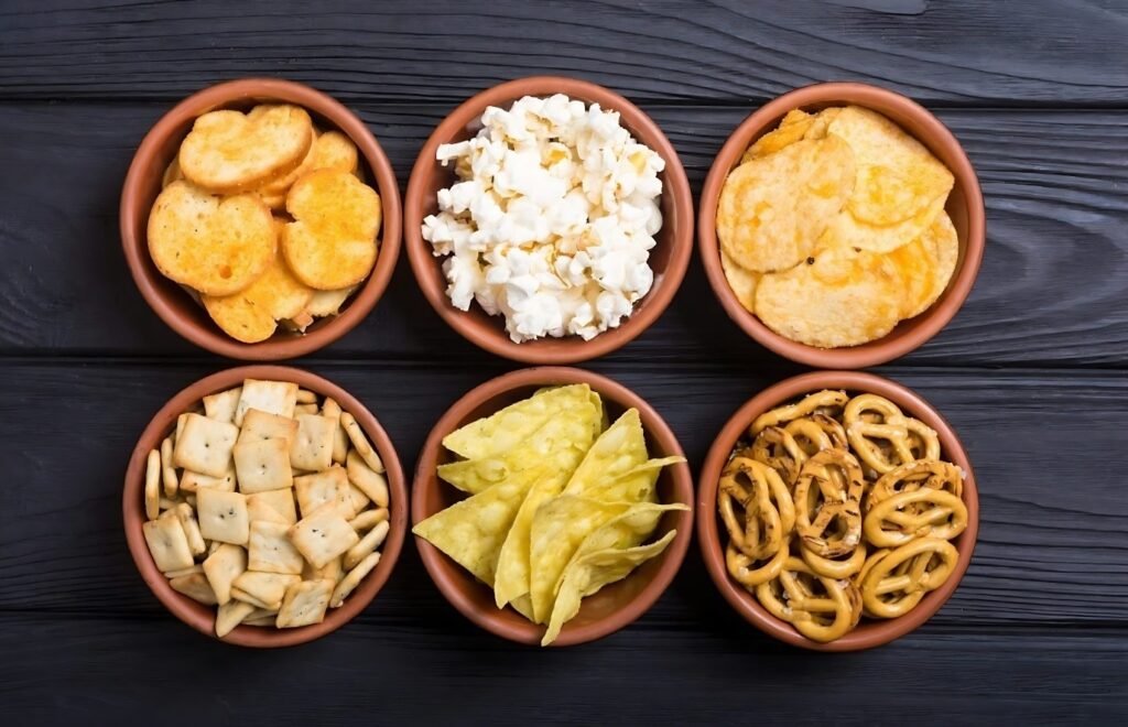 A group of bowls filled with various snacks placed on a table, featuring prepackaged items and ingredients.