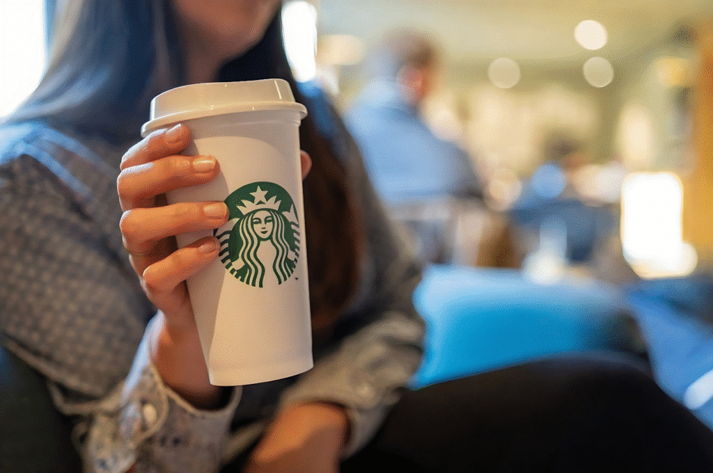 A woman holding a Starbucks cup, showcasing the Cheapest Starbucks Drink option available at the coffee shop.