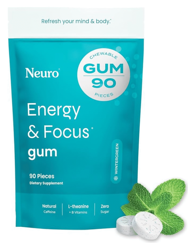 Neuro energy and focus gum designed to boost mental clarity and performance during exams and study sessions.