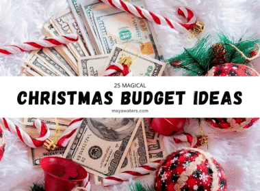 A pile of money next to colorful candy canes, set against an indoor backdrop. The scene includes text related to Christmas budget ideas.