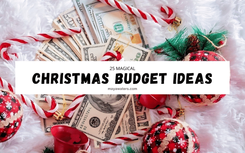 A pile of money next to colorful candy canes, set against an indoor backdrop. The scene includes text related to Christmas budget ideas.