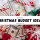 A pile of money next to colorful candy canes, set against an indoor backdrop. The scene includes text related to Christmas budget ideas.