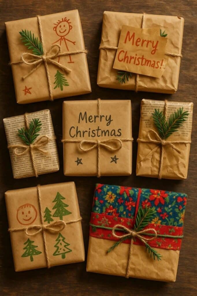 A group of colorful DIY Christmas Gift Wrap with festive bows and decorations.